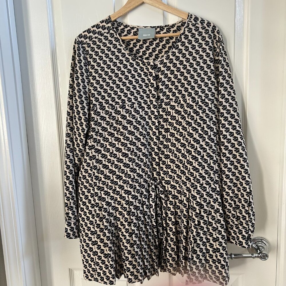 Maeve Anthropologie Bird Print Blouse Black Cream Tunic Button Front Pleated - Picture 5 of 7